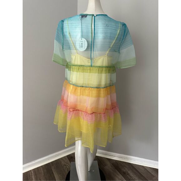 NWT Staud Sheer Organza Hyacinth Short Sleeve Tiered Mini Dress Multicolor Small - Picture 8 of 12